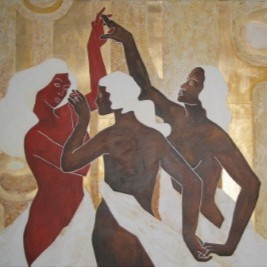 Acrylbild dreier tanzender Frauen vor braunen und goldenen abstrakten Strukturen, inspiriert durch Botticellis Gemälde Frühling